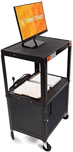 Line Leader AV Cart w/Locking Cabinet, Black Metal Utility Cart with Storage Shelf - Height Adjustable, Mobile and Great for Offices, Classrooms, Libraries (Black, 24in x 18in)