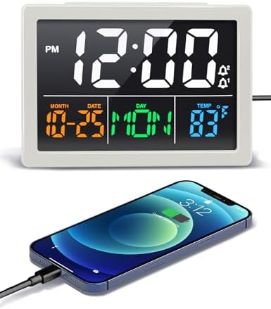 JALL Digital Clock with Date Day for Seniors, Electric Alarm Clocks for Bedrooms with Temperature, 2 Alarms, Dimmer, Dual USB Charger, Battery Backup