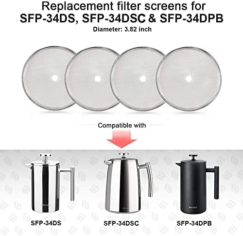 Secura French Press Replacement Screens, Stainless Steel Reusable Mesh Filter for 34 Ounce, 1 Liter Coffee Press, 4 Pack