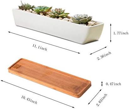11inch Long Rectangle White Ceramic Succulent Planter Pots,with Bamboo Saucers. Product Size:11x2.23x1.69inch.