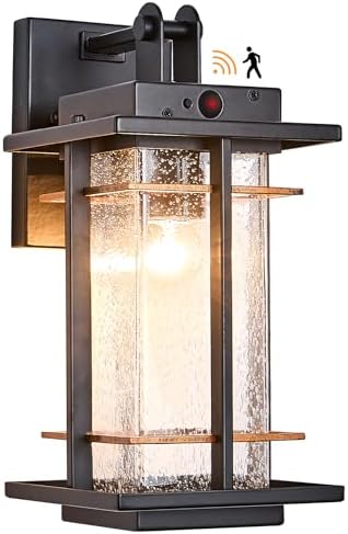 Rustic Dusk to Dawn Outdoor Wall Light Fixture 13.8"H Waterproof Exterior Wall Sconces Black Metal with Seeded Glass Sensor Outdoor Wall Lantern for