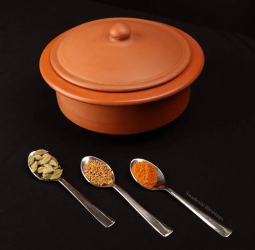 Swadeshi Blessings HandMade Unglazed Clay Pot for Cooking with Lid,2.5L,Red