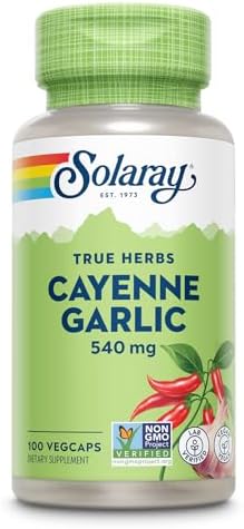 SOLARAY Cayenne Garlic 540 mg - Cayenne Pepper and Garlic Supplements with Capsaicin - Supplying 40, 000 Heat Units - Non-GMO Project Verified, Vegan