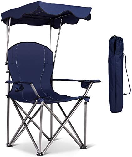 Goplus Camping Chair with Canopy Shade, Folding Lawn Chair with Umbrella Cup Holder & Carry Bag, Portable Sunshade Chair for Adults for Beach Outdoor Travel Hiking Fishing (Red)