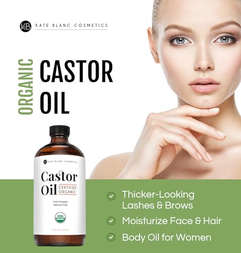 Kate Blanc Cosmetics Castor Oil Organic (4oz), 100% Pure, Cold Pressed, Hexane Free. Natural Oil for Hair, Eyelashes, Eyebrows. Skin Moisturizer with Starter Kit