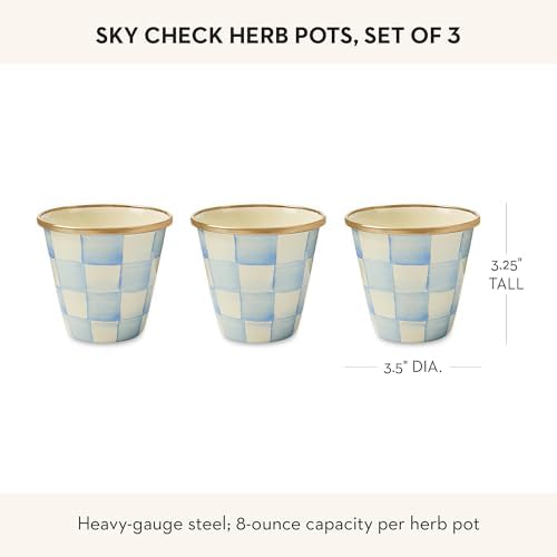 MACKENZIE-CHILDS Enamel Herb Pot Set, Small, Black-and-White Courtly Check | Hand-painted design, small plant pots for herbs or flowers, 8-ounce capacity per pot, set of 3