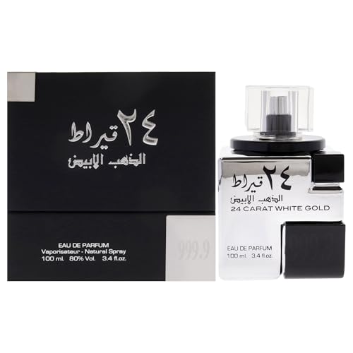 Lattafa 24 Carat White Gold – Fresh, Spicy, Woody – Eau de Parfum Spray Long-Lasting Fragrance for Unisex, 3.4 Ounce / 100 ml