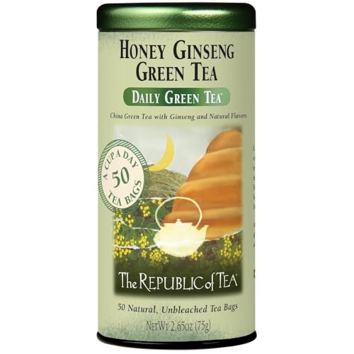 The Republic of Tea Daily Green Honey Ginseng Green Tea, 50 Count | Low Caffeine. A gentle cup for everyday sipping. Fresh with light vegetal notes. Gluten Free and Carb Free.