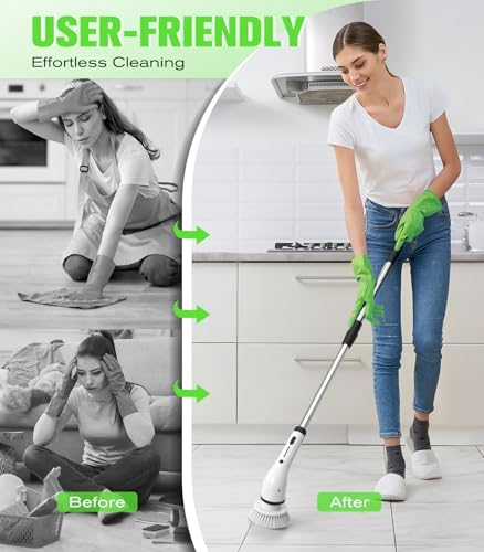 Electric Spin Scrubber, 3-Speed Flat End Brush with 8 Brush Heads & Base, IPX7 Waterproof, Adjustable Long Handle, Digital Display, 2500mAh Fast Charging, for Bathroom, Tub, Tile, Floor