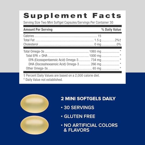 GNC Triple Strength Fish Oil Mini, 1000mg EPA & DHA, 120 Mini Softgels | Provides 1000mg EPA and DHA per Serving to Support Heart, Brain, Skin, Eye, Joint Health, and a Balanced Mood