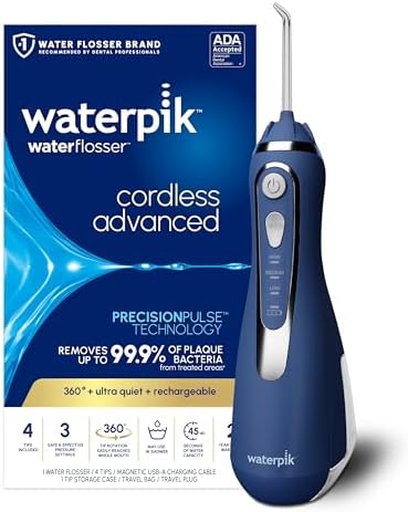 Waterpik Cordless Advanced Portable Water Flosser, Rechargeable, Black | 3 Settings, 4 Tips, Travel Bag, for Gums, Teeth, Dental Braces, Implants, Shower Use ADA Accepted WP-582 Packaging May Vary