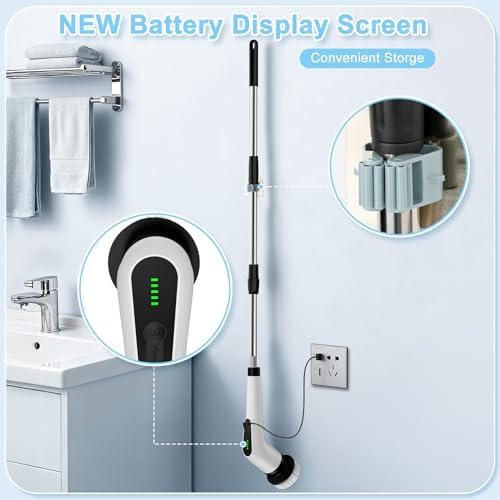 Electric Spin Scrubber, Cordless Cleaning Brush with 8 Replaceable Brush Heads, Shower Scrubber with Adjustable Extension Handle