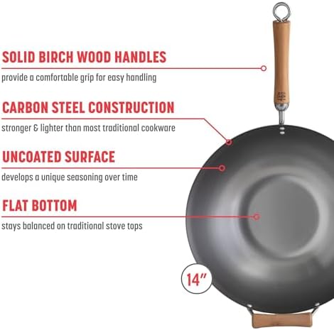 JOYCE CHEN Classic Series 12-Inch Carbon Steel Stir Fry Pan with Birch Handle