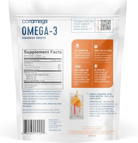 Coromega - Omega 3 Fish Oil Supplement - 30 Squeeze Packets - 650mg | Orange Flavor, 3X Better Absorption Than Softgels, Easy To Take, No Fishy Aftertaste, Convenient Daily Serving