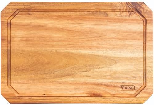 Viking Cutting Board, Acacia Wood Kitchen Butcher Block Carving Board with Juice Groove and Metal Handles, 23 x 14 x 1 Inch