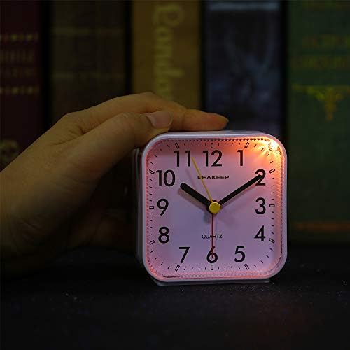 Peakeep Small Battery Operated Analog Travel Alarm Clock Silent | No Ticking, Lighted on Demand and Snooze, Beep Sounds, Gentle Wake, Ascending Alarm, Easy Set (Black)