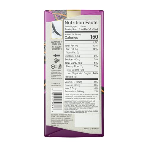 Endangered Species Dark Chocolate Bar w/Sea Salt & Almonds (72% cocoa) | Rich 72% dark chocolate with sea salt and crunchy almonds for a bold cocoa flavor and satisfying crunch.