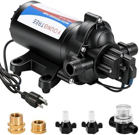 YOUNGTREE RV Water Pressure Diaphragm Pump 110V 4.0GPM 50PSI On Demand Fresh Water Transfer Pump 110Volt AC with Garden Hose Adapters for Irrigation Home Pool Draining Sprinkler