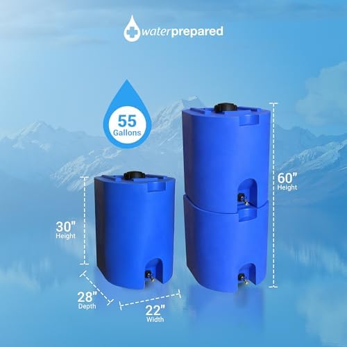 WaterPrepared 55 Gallon Unique Stackable Utility Water Tank, Blue | Emergency Water Storage Tank with Large Cap and Spigot for Easy Filling