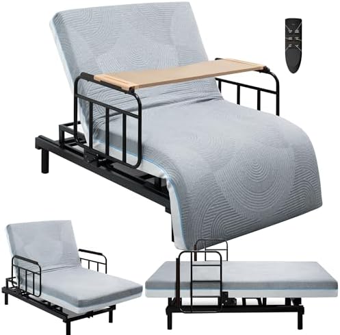 Electric Lift Bed for Elderly, Remote Control Adjustable Bed with 5.91" Mattress, Quiet Motor and Removable Tray, Zero Gravity Position Bed Frame Suitable for Hospital/Home Care