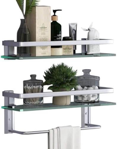 VOLPONE Bathroom Wall Shelf 15.7in Bathroom Glass Shelves Wall Mount Glass Shelf Rustproof Bathroom Wall Organizer 3 Tier (Sliver)