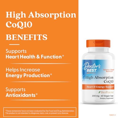 Doctor's Best High Absorption CoQ10 200mg with BioPerine Supplement - Coenzyme Q10 Caps for Heart Health & Antioxidant Support, CoQ10 200 mg for Women & Men, Non GMO - 60 Veg Capsules