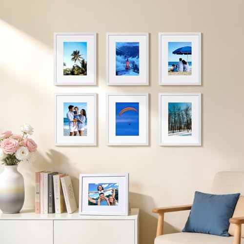 HappyHapi 8x10 Picture Frame Set of 6, Wall or Tabletop Display, White