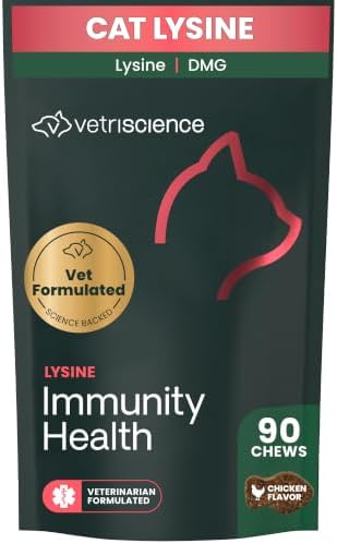 VetriScience Lysine Immunity Health Chews, 250 mg Lysine Plus Immune Supplement for Cats and Kittens with Allergies, Sneezing, Runny Nose and Watery Eyes, Chicken, 120 Count