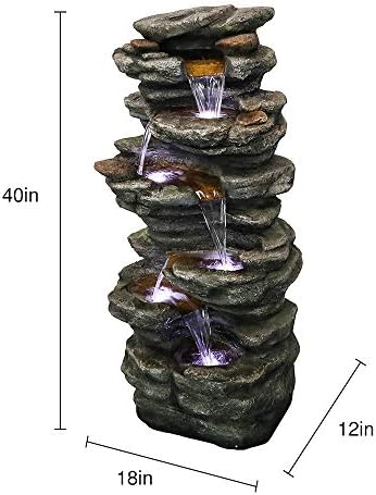 PeterIvan Outdoor Relaxing Waterfall - 6-Tier Fountain with 6 LED Lights, Stone-Liking Resin for Patio, Garden, House&Office (40.6in, Grey)