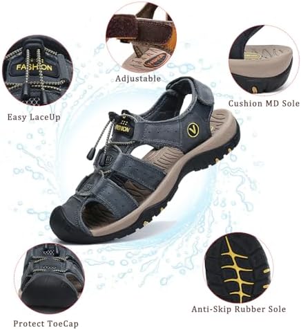 FLARUT Men's Sport Sandals Closed Toe Leather Water Hiking Shoes