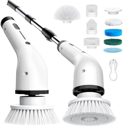 Electric Spin Scrubber, 3-Speed Flat End Brush with 8 Brush Heads & Base, IPX7 Waterproof, Adjustable Long Handle, Digital Display, 2500mAh Fast Charging, for Bathroom, Tub, Tile, Floor