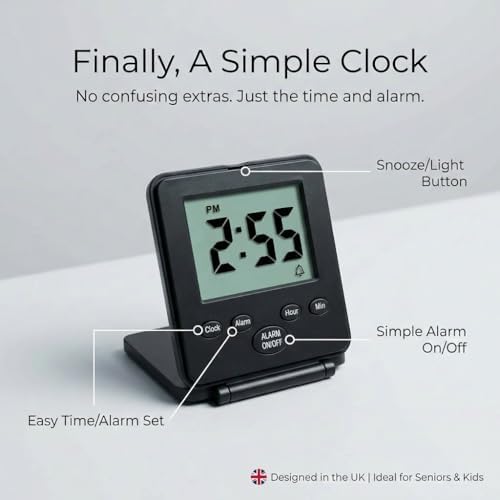 Digital Travel Alarm Clock - No Bells, No Whistles, Simple Basic Operation, Loud Alarm, Snooze, Small and Light, ON/Off Switch, 2 AAA Battery Powered