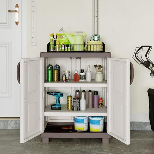 GIANTEX Storage Cabinet with 2 Doors and Adjustable Shelves, Modern Plastic Base Garage Organizer, Floor Sideboard for Kitchen, Dining Room, Bathroom (Wide-29"x19"x37",White+Brown)