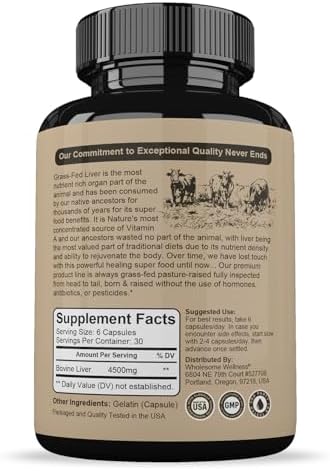 Wholesome Wellness Grass Fed Desiccated Beef Liver Capsules (180 Pills, 750mg Each) - Natural Iron, Vitamin A
