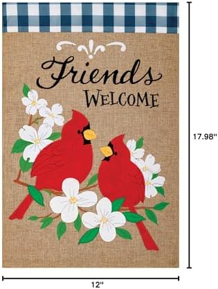 Custom Decor Cardinal Friends Welcome - Garden Size, Emboidered Burlap Applique Style, Double Sided Decorative Flag - Approx. 12 Inch X 17.98 Inch