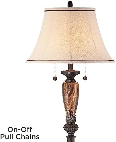 Sonnett 63 1/2" Tall Traditional Twin Pull Chain Floor Lamp Living Room | Industrial Vintage Standing Bronze Metal Faux Marble Ivory Linen Bell