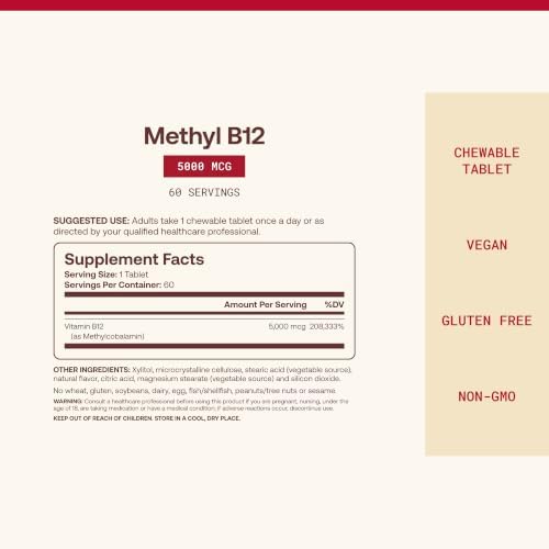 Jarrow Formulas Methyl Vitamin B12 5000 mcg - 60 Chewable Tablets, Naturally Fruit Flavored- Bioactive B12 Vitamin - Supports Cellular Energy Production, Brain Health & Metabolism - 60 Servings | Fruit Flavored, Bioactive B12 Vitamin, Supports Cellular E…