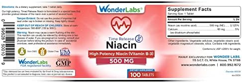 Wonder Laboratories High Potancy Time Release Niacin (Vitamin B3) 500 Mg 300 Tablets Non-GMO, Gluten Free Supplement