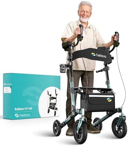 Helavo Upright Walker with Seat, Foldable Stand Up Walker with Rubber Tires | All Terrain Tall Standing Rollator, Padded Armrests, Height Adjustable