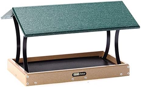Birds Choice SNFT-300 Fly-Thru Feeder, Recycled Pole Mounted Bird Feeder, Large, Taupe/Green | Recycled Plastic Platform with Roof, Welcomes Cardinals, Jays and Other Wild Birds, 19in x 15.75in x 13in