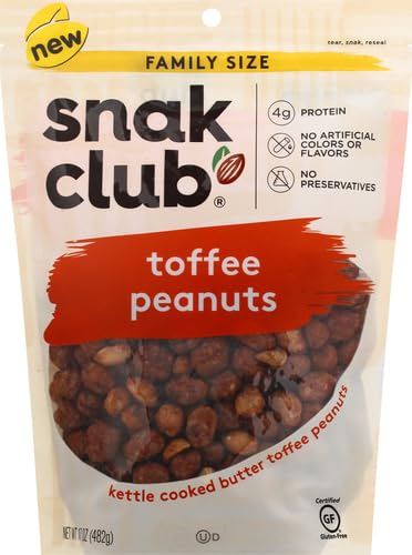 Snak Club Toffee Peanuts, Candied Peanuts with Praline Coat and Sweet Cream, Gluten-Free and Kosher Snack, 17 oz Resealable Bag