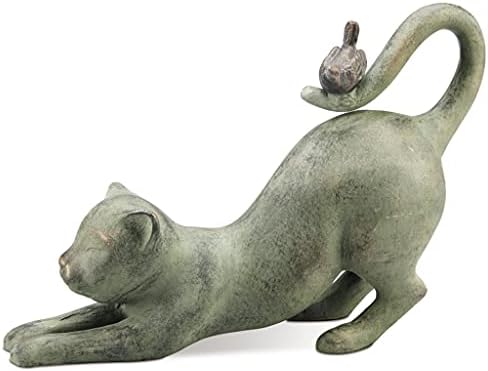 SPI Home Cast Aluminum Crouching Cat with Bird Statue 15 Inches Long
