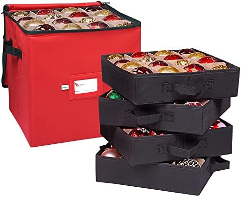 Christmas Ornament Storage Box, 4 Individual Trays Xmas Storage Container, Fits 64 Ornaments Decoration Balls, Constructed of Durable Polyester Material (Red)
