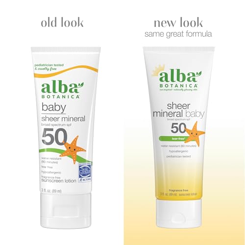 Alba Botanica Baby Sunscreen for Face and Body, Sheer Mineral Sunscreen Lotion, Broad Spectrum SPF 50, Water Resistant and Fragrance-Free