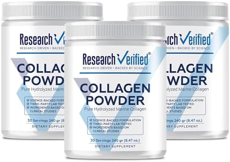 Research Verified® Collagen Powder - Hydrolyzed Marine Collagen Peptides - Unflavored - Skin Hydration and Elasticity, Muscle Recovery