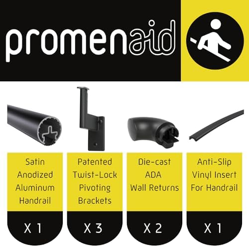 Promenaid Silver 5ft ADA Handrail Kit - Complete Indoor/Outdoor Stair Handrail - 1.6" Round Satin-Anodized Aluminum Railing with 3 Silver Painted