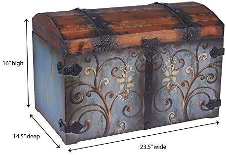 Household Essentials Vintage Wood Storage Trunk, Large, Blue Body/Brown Lid/Floral Design