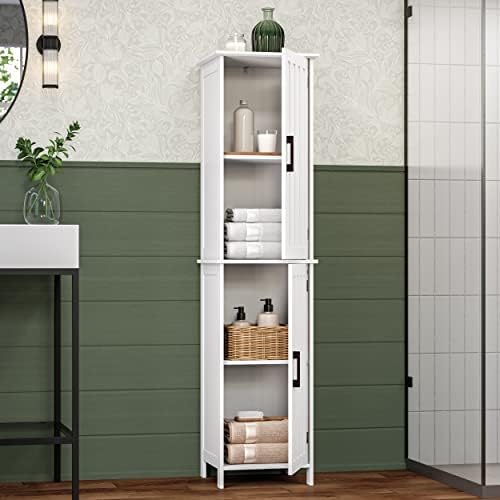RiverRidge Monroe Tall 2-Door Bathroom Linen Cabinet, White | Soft Close Hinges, Adjustable Shelves, Matte Black Handles, Modern Farmhouse Style