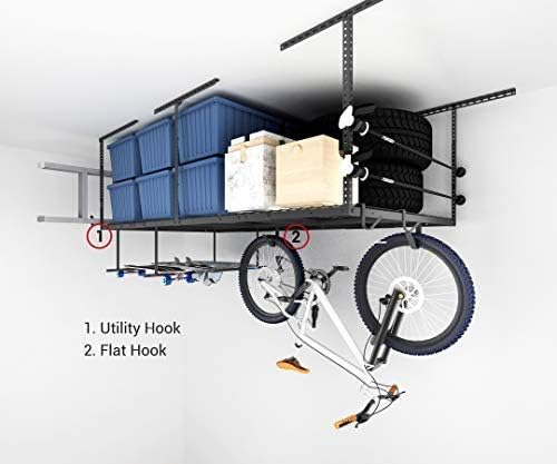 FLEXIMOUNTS 4x8 Overhead Garage Storage Rack with Hooks, Black