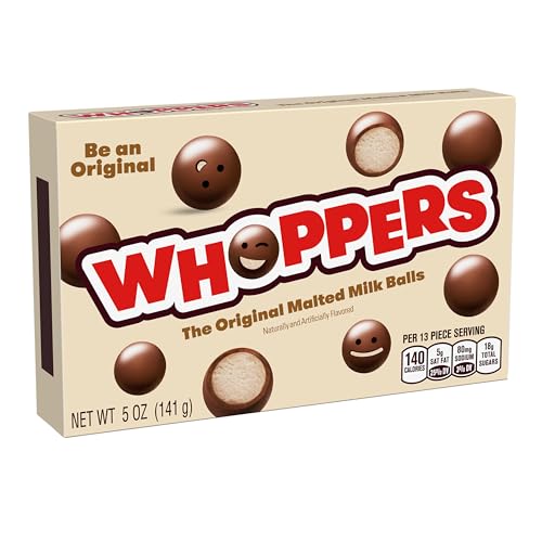 WHOPPERS Malted Milk Balls Candy Box, 5 oz | Crunchy malted milk balls coated in chocolate flavored candy for movie nights and snack breaks.